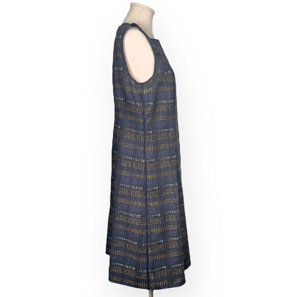 LAFAYETTE 148 NY Striped Sheath Knee Length Dress Gold Blue Career Sleeveless 12 - Picture 7 of 13